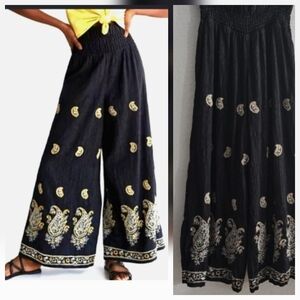 Anthropology Black & Gold Crochet Embroided Smocked Wide Leg Double Layer Pants